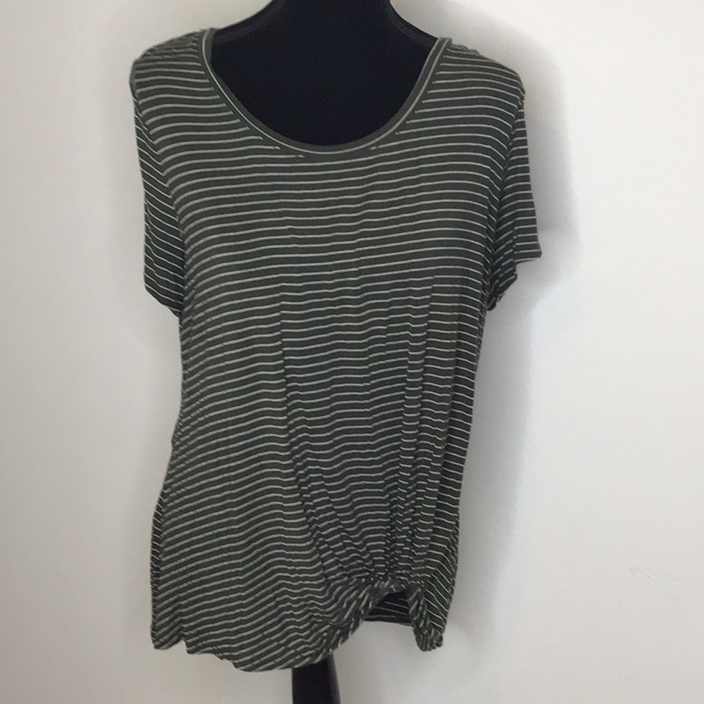 Nine Britton XL front twist knotted short sleeved green & white striped top